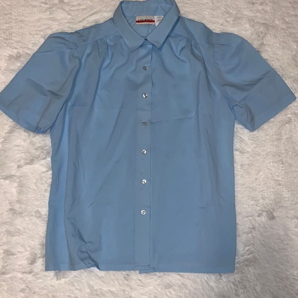 Vintage Judy‎ Bond Baby Blue Puff Sleeve Button Down Top Size 16